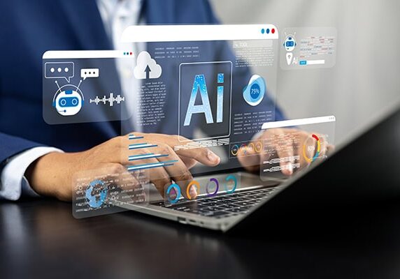 person working on a laptop with projected screen windows including AI