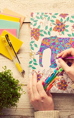person coloring an elephant with many pen colors