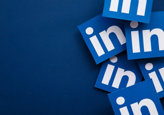blue background with arranged LinkedIn logos on the right side