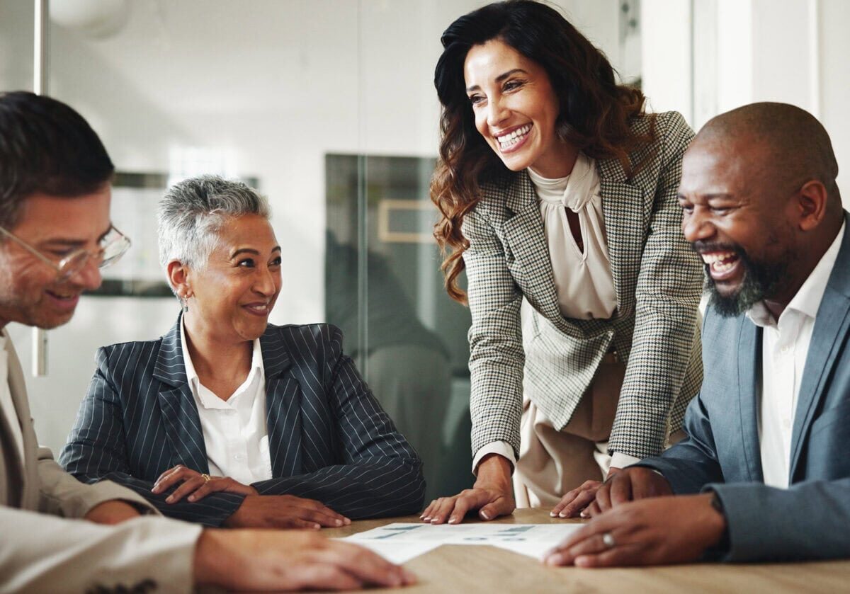 Business people, financial success and laughing with audit, budget and paperwork for customer portfolio. Teamwork, accountant or agent meeting with graphs for consultation advice or assistance review