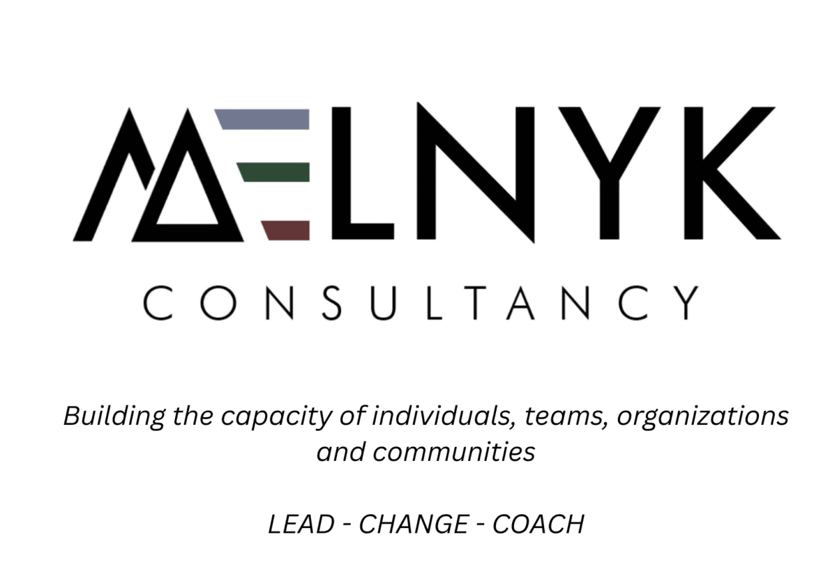 The Melnyk Consultancy logo has a wordmark of its name on a transparent background, and text that says, “building the capacity of individuals, teams, organizations, and communities.”