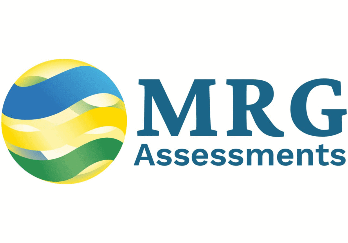 At left, a circle with blue, yellow, and green waves filling it; at right, text that says "MRG Assessments"