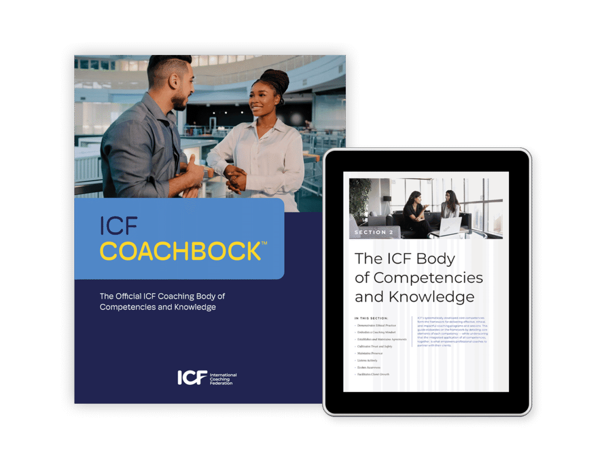 Cover of the ICF Coaching Body of Competencies and Knowledge (COACHBOCK) featuring two professionals talking, alongside a tablet displaying the ICF Body of Competencies and Knowledge document.